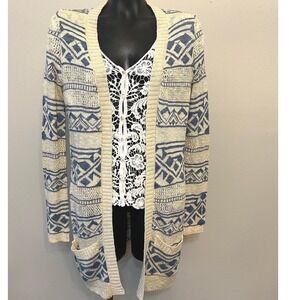 Pink Republic Junior's L Long Cardigan Geometric‎ Navajo LooseWeave Boho Indie